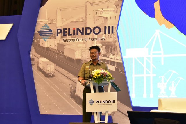 Foto: Mentan Syahrul saat memberikan sambutan dalam Raker PT Pelindo III Persero 2019 di Surabaya.