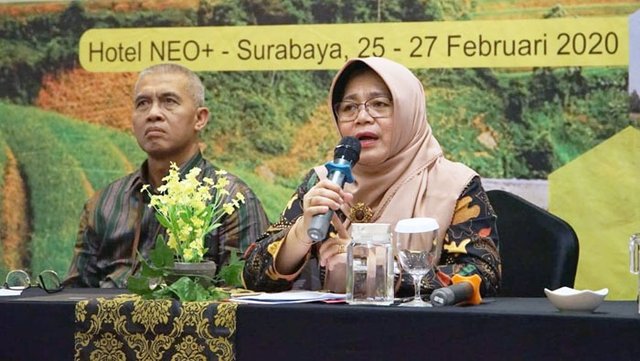 Foto : Kapusluh Leli Nuryati (kanan) bersama Kabid Penyelenggara Penyuluhan Pusluhtan I Wayan Ediana (kiri) dalam Konsolidasi Tim Verifikasi dan Validasi Data Simluhtan Pusat dan Provinsi di Surabaya.